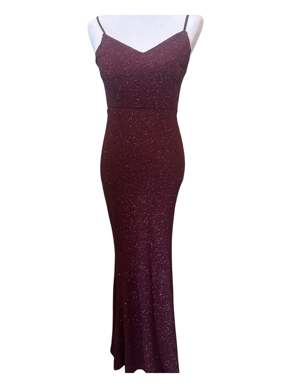 Windsor Formal Dress Sz L Maxi Burgundy Glitter Spaghetti Strap Lace Up Back